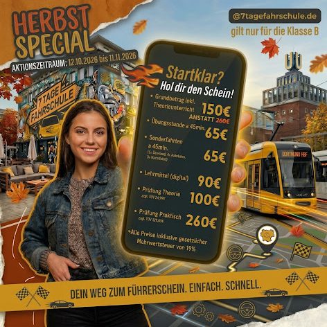 Herbst Special Aktion der 7 Tage Fahrschule in Dortmund mit 110 Euro Rabatt auf den Grundbetrag der Klasse B
